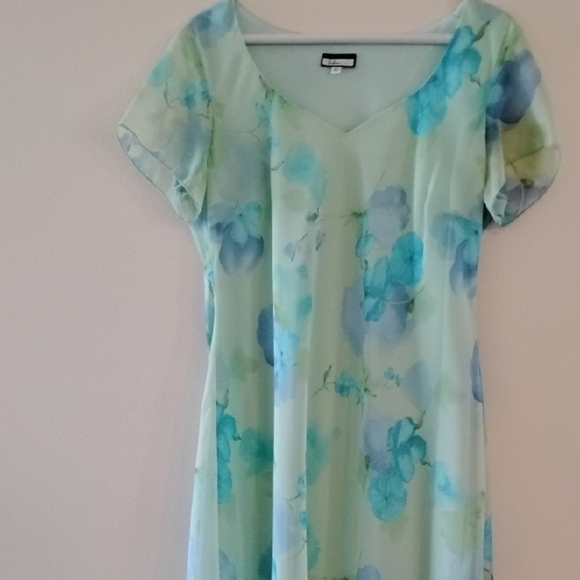 Blue and Green Puff Sleeve Midi Sundress - Picture 1 of 9